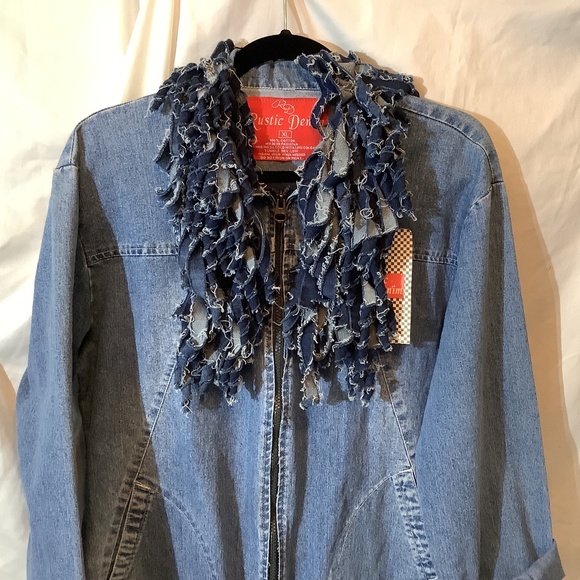 NWT Upcycled denim jean jacket with jean fringe Rustic denim western funky - Picture 1 of 12